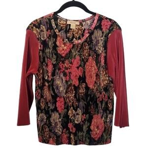 Plisse Vintage Cottage Floral Maroon Pleated Victorian Blouse Top Size M/L ?‎
